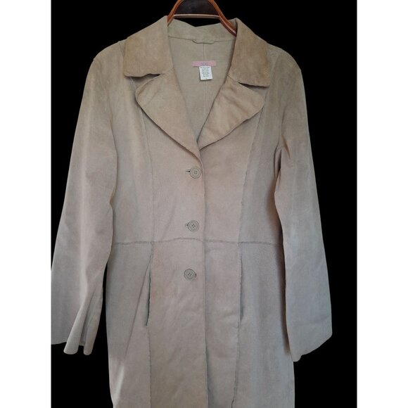 Womens Sz Large Genuine Suede Mid Length Western Trench Coat Pockets Light Tan - Picture 8 of 13